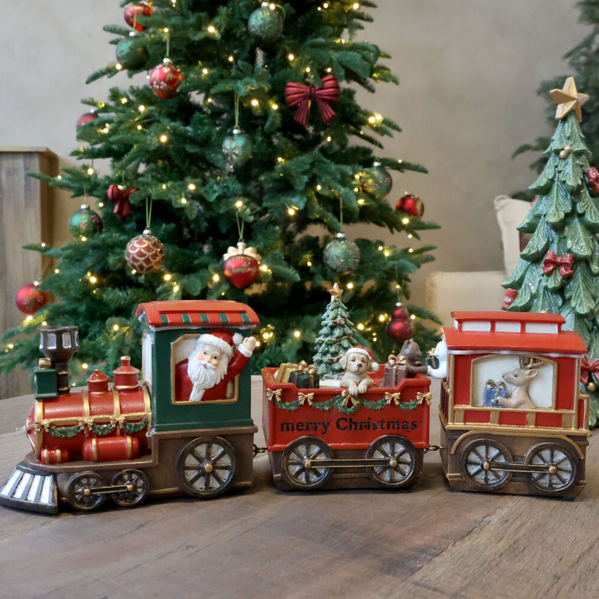 Chic Antique – Noël Weihnachtszug mit 2 Waggons und LED – H12/L37/B8 cm – Kirschrot