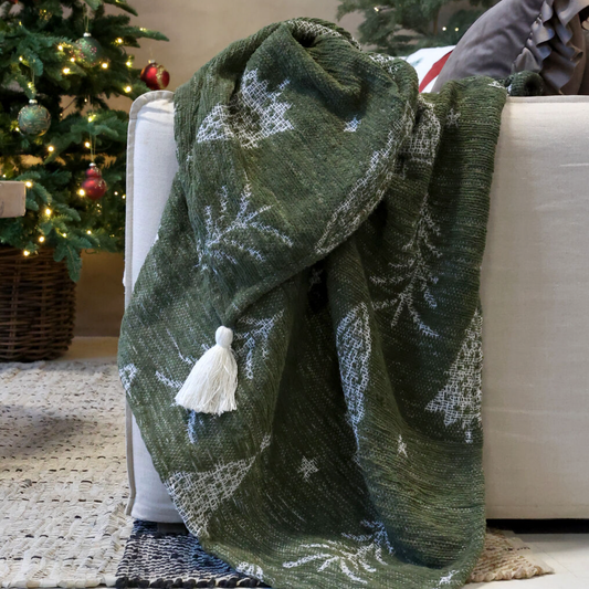 Chic Antique – Aix Chenille-Plaid mit Weihnachtsbäumen – 150 x 130 cm – Olivgrün und Creme