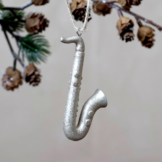 Chic Antique – Saxofon-Weihnachtsanhänger mit Glitzer – H8 x L4,5 x B1,5 cm – Champagner
