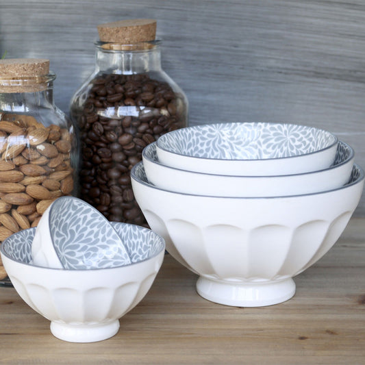 Chic Antique – Arés Latte-Schalen mit Muster – 5er-Set – Französische Graue Porzellanschalen