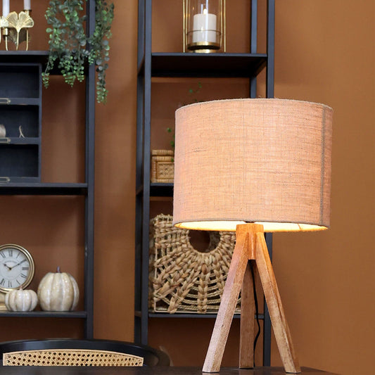 Chic Antique - Tischlampe mit Holzfuß und Leinenschirm
