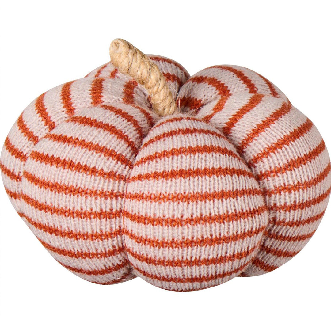 Gestrickter Deko-Kürbis mit rostrot gestreiftem Muster – Klein
