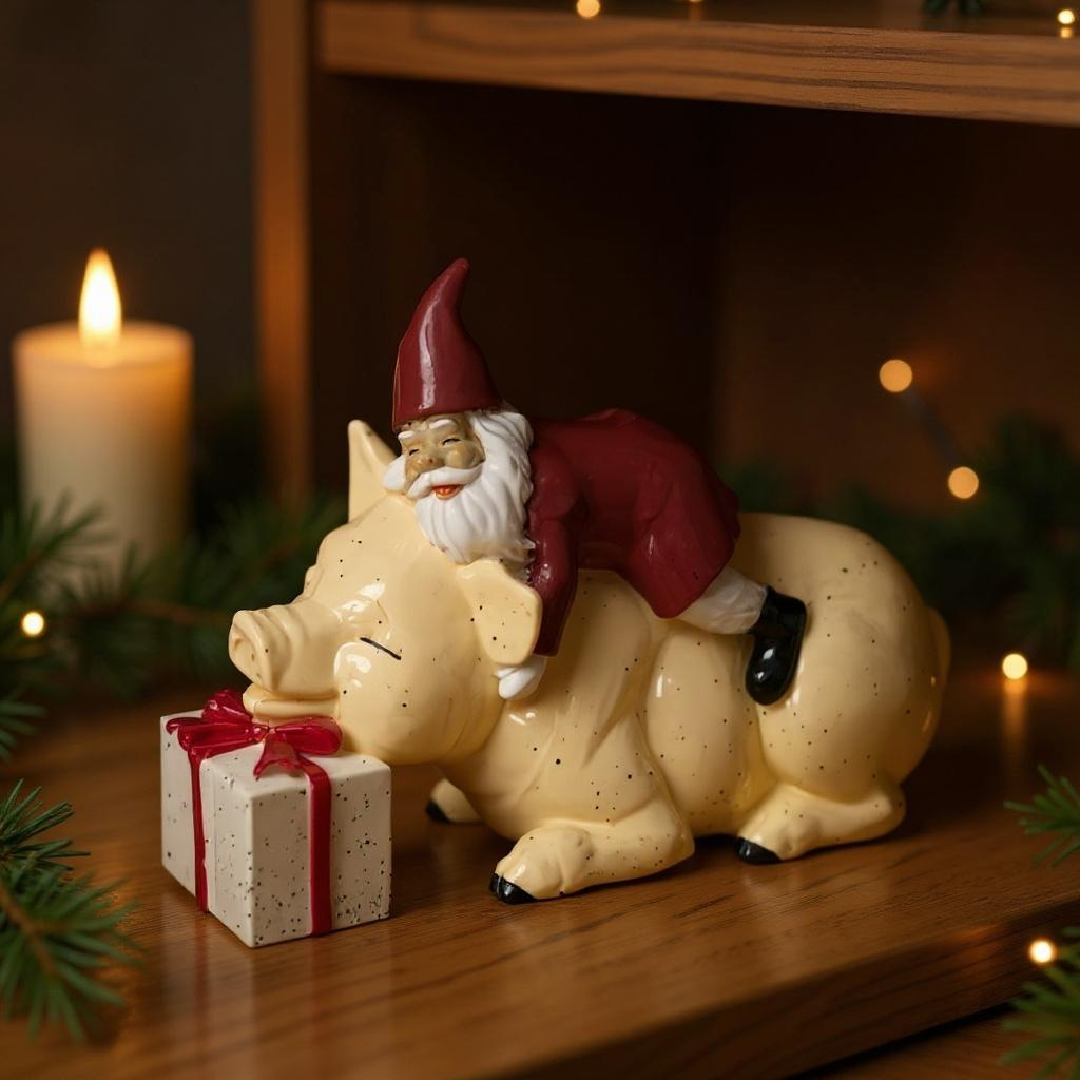 Harvesttime – Weihnachtsmann, der ein Schwein umarmt – Dekorationsfigur