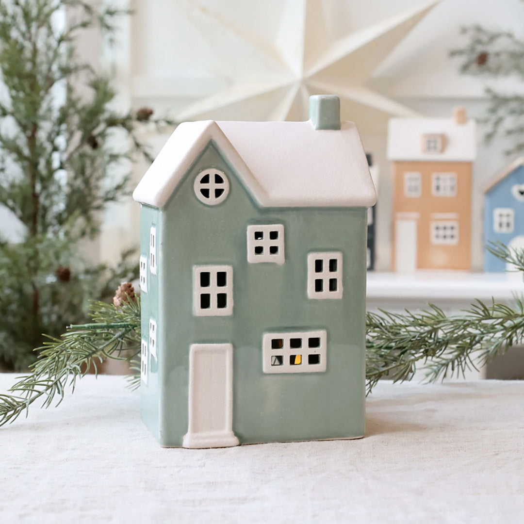 Keramikhaus für Teelicht – H21 / L13,5 / B9 cm Mintgrün