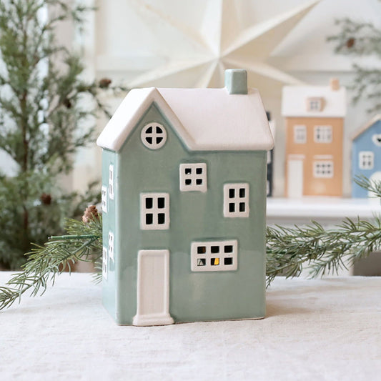 Keramikhaus für Teelicht – H21 / L13,5 / B9 cm Mintgrün