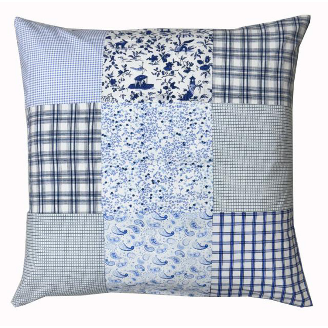 Handgequilteter Patchwork-Kissenbezug in Blau, 50x50 cm