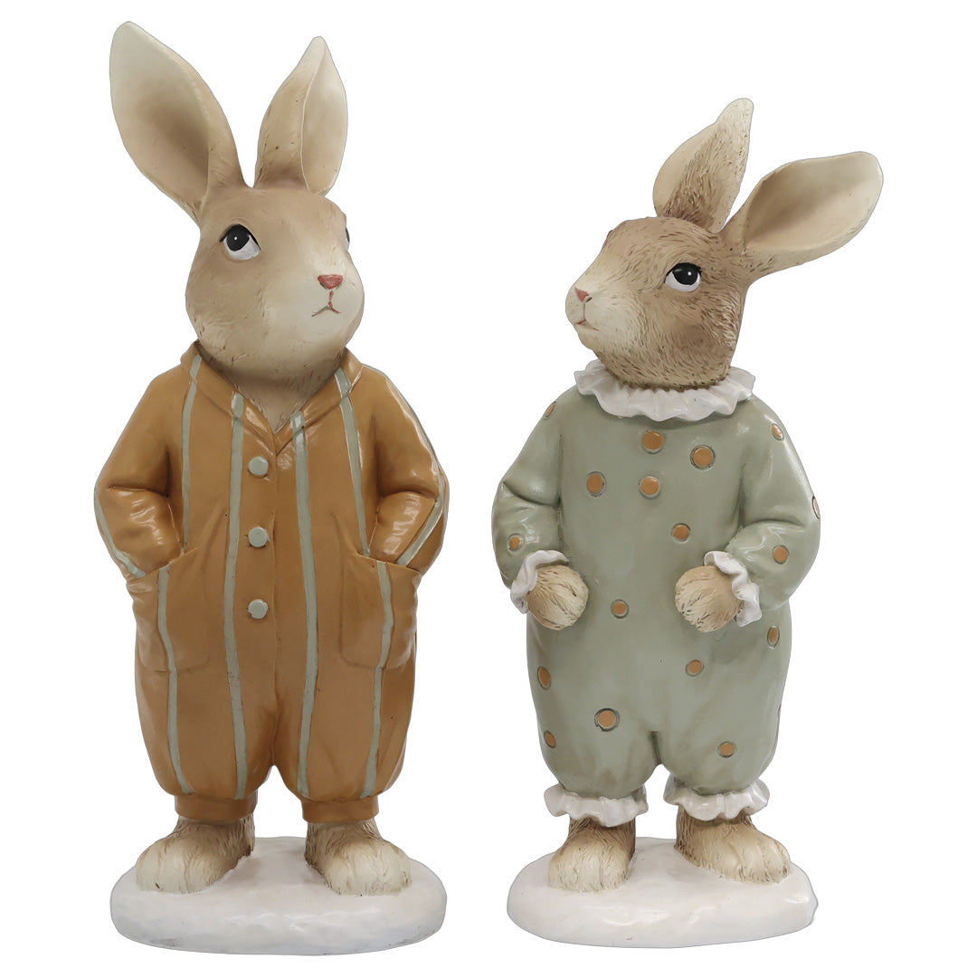 Osterdekoration Hasen im Pyjama – Set aus 2 handbemalten Figuren (Opal & Hazel)