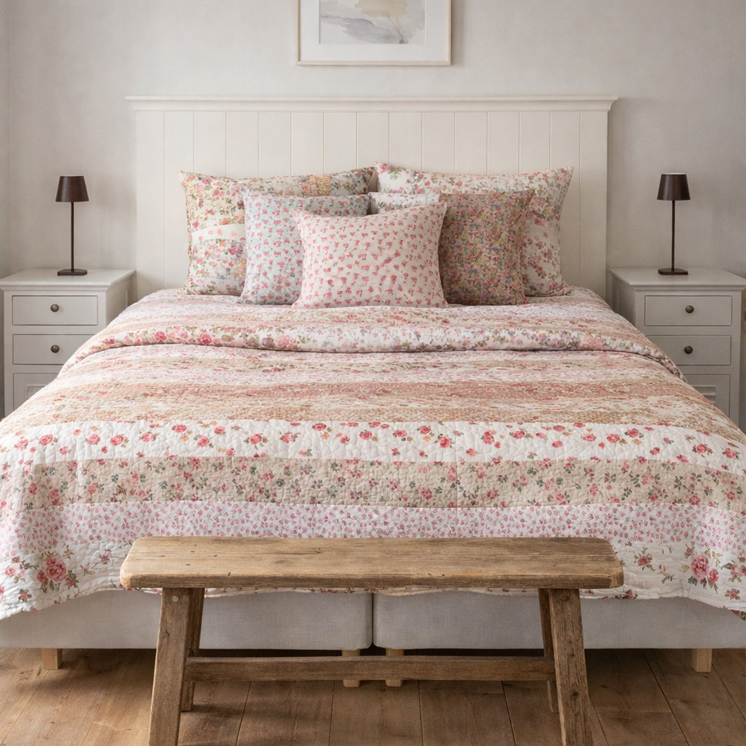 Handgequiltete Patchwork-Bettdecke in Blumenfarben 240x240 cm