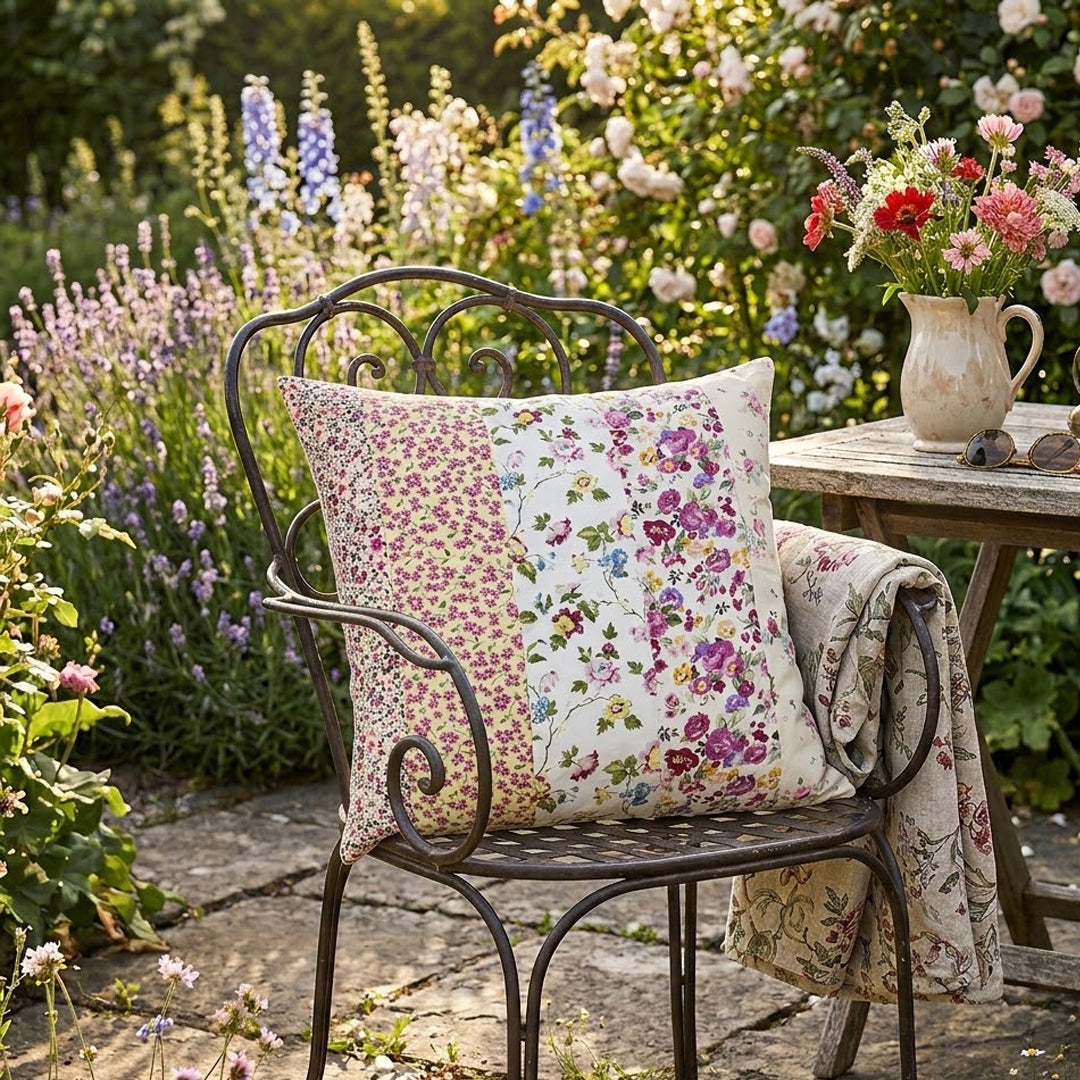 Handgequilteter Patchwork-Kissenbezug mit Blumendesign (50×50 cm)