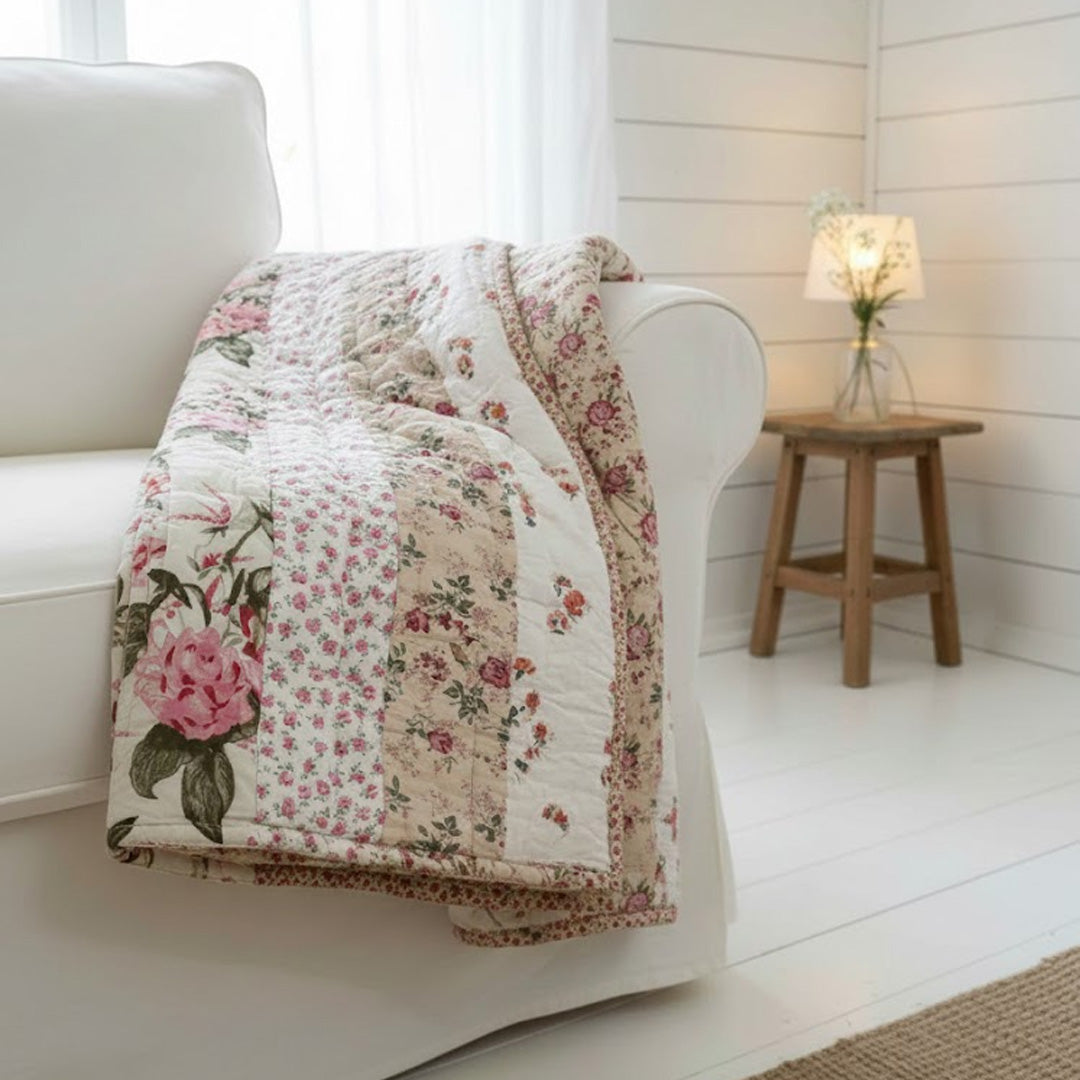 Patchwork Steppdecke Handgequiltet Blumennuancen 130x180 cm