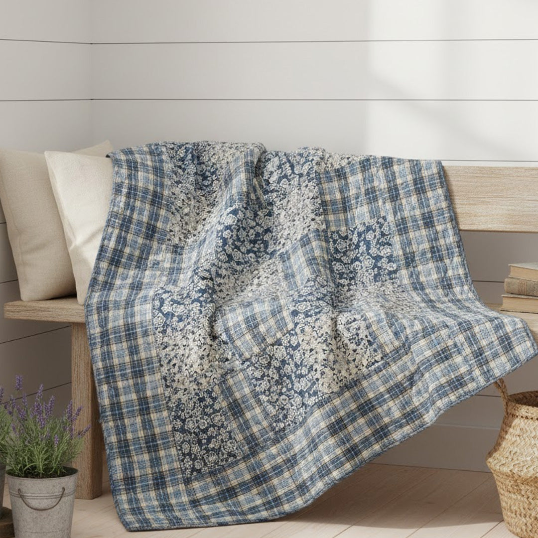 Patchwork Steppdecke Handgequiltet Dunkelblau (130 × 180 cm)