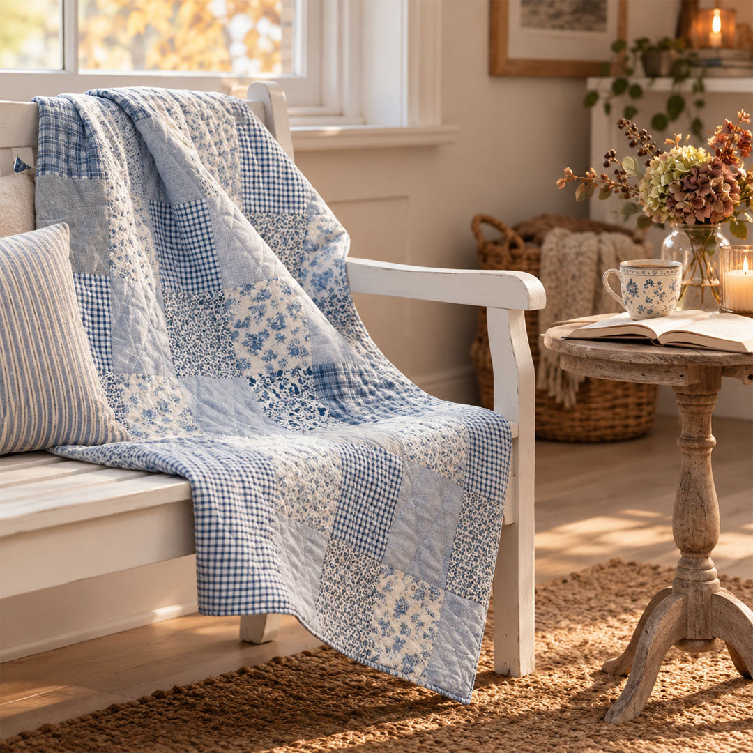 Patchwork Steppdecke Handgequiltet in Blau (130 × 180 cm)
