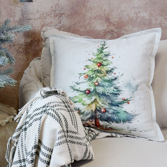 Weihnachts Kissenbezug mit Aquarell-Tannenbaum – Leinenoptik 50×50 cm