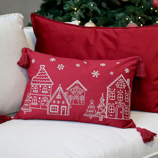 Weihnachts Kissenbezug mit Häuser-Motiv & Quasten – Rot 50×35 cm