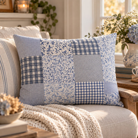Handgequilteter Patchwork-Kissenbezug in Blau, 50x70 cm