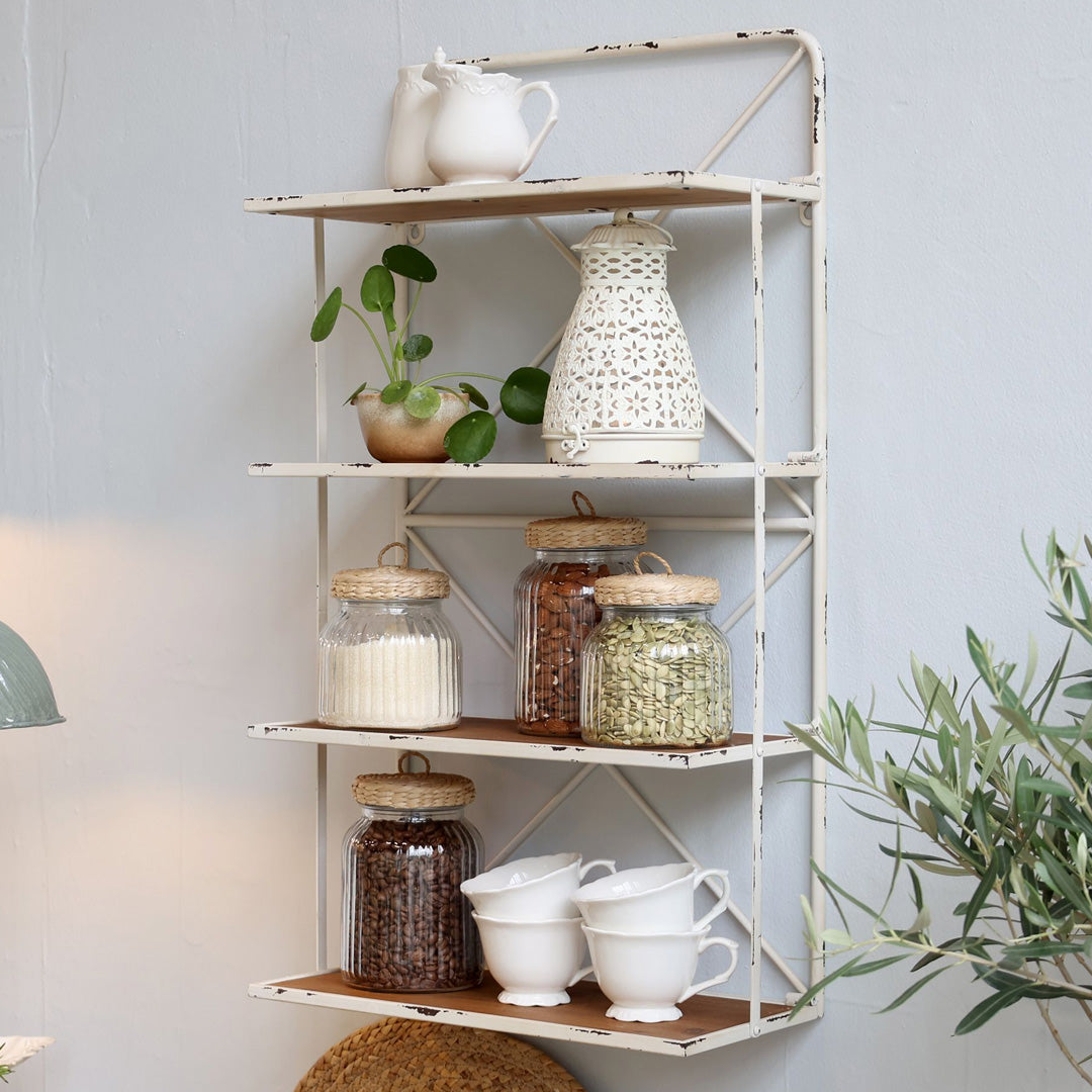 Chic Antique – Wandregal mit 4 Ablagen aus Eisen & Fichtenholz | Antique Creme