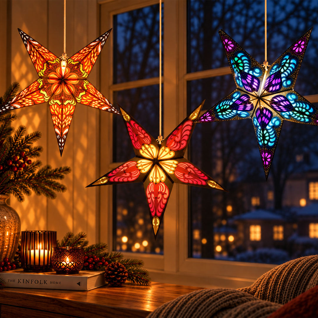 Sternlampen 3er-Set Ø60 cm – 3 handgefertigte Papiersterne inkl. Kabel