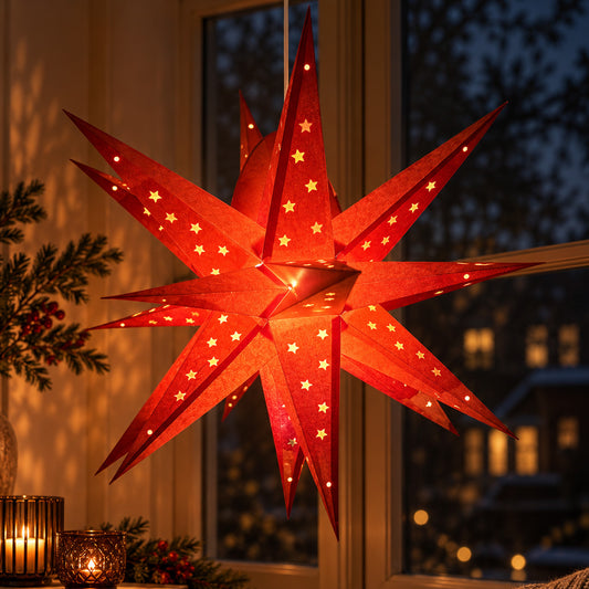 Jyoti Multi Sternlampe Rot mit Goldsternen – Papierstern Ø60 cm