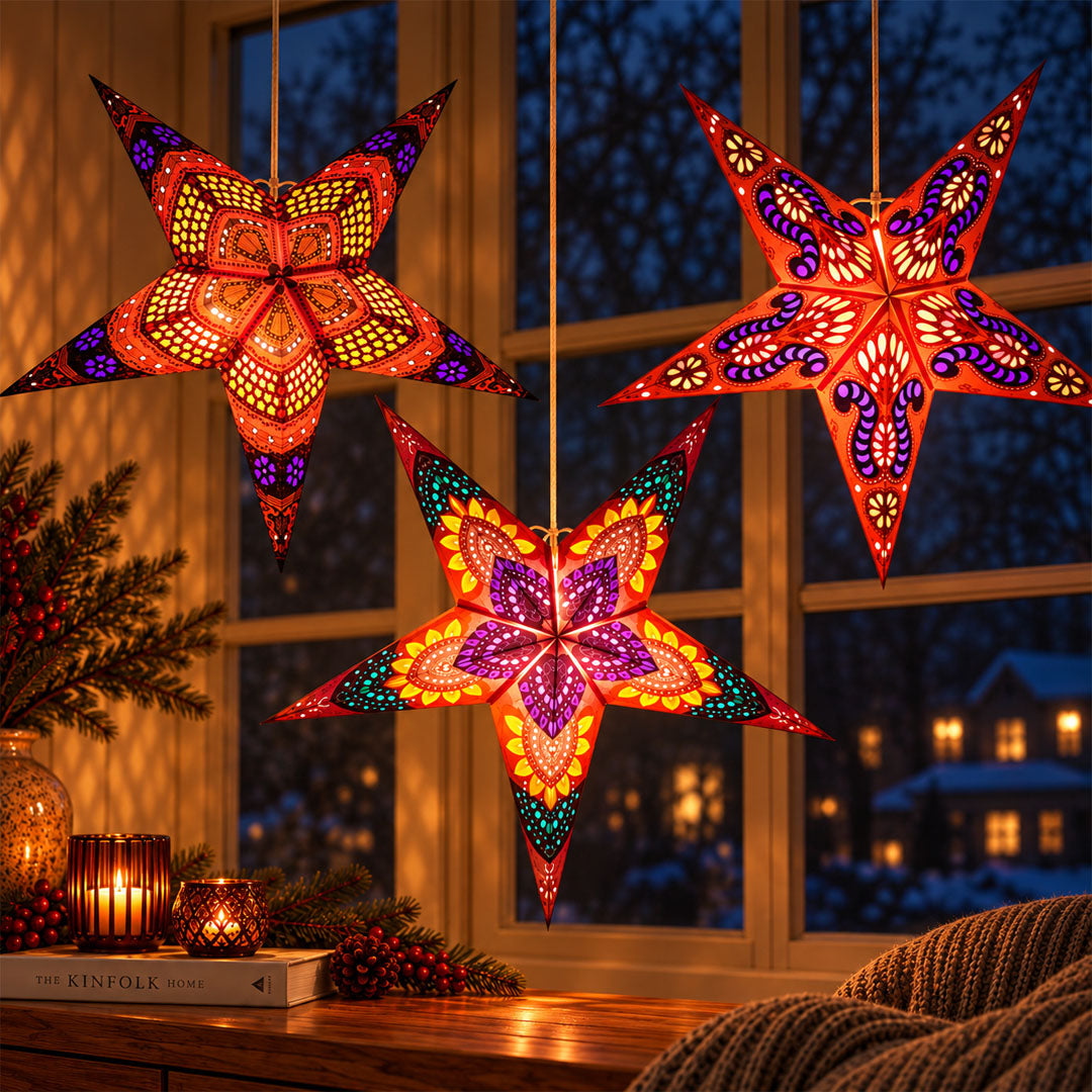 3 handgefertigte Papiersterne Ø 60 cm inkl. 3 Kabelsets