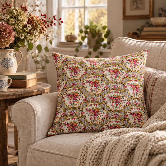 Kissenbezug 50x50 cm – Blumenmuster in Gold & Rosa