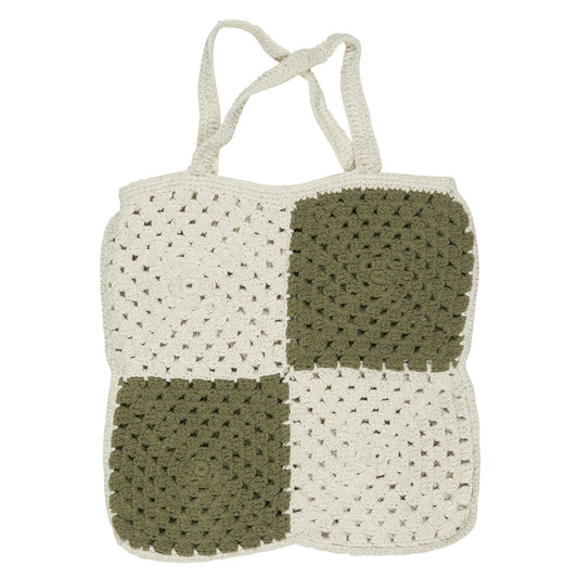 Ib Laursen - Gehäkelte Tasche olive/weisses Karomuster