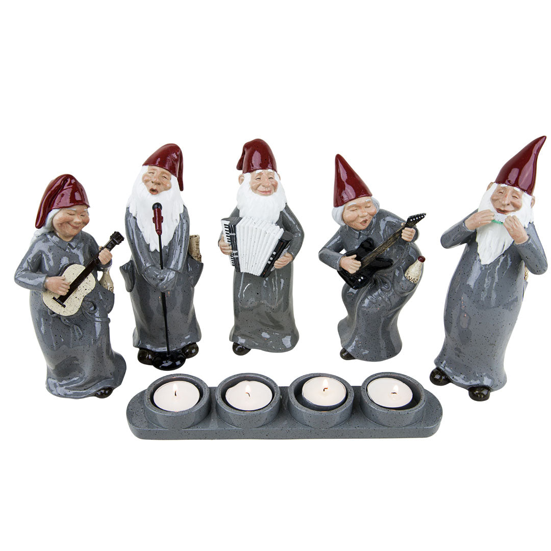 Harvesttime – Musizierende Wichtel mit Teelichthalter, 5er-Set, Grau